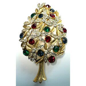 Vintage Sphinx Numbered Rhinestone Christmas Tree Brooch Red Green Gold